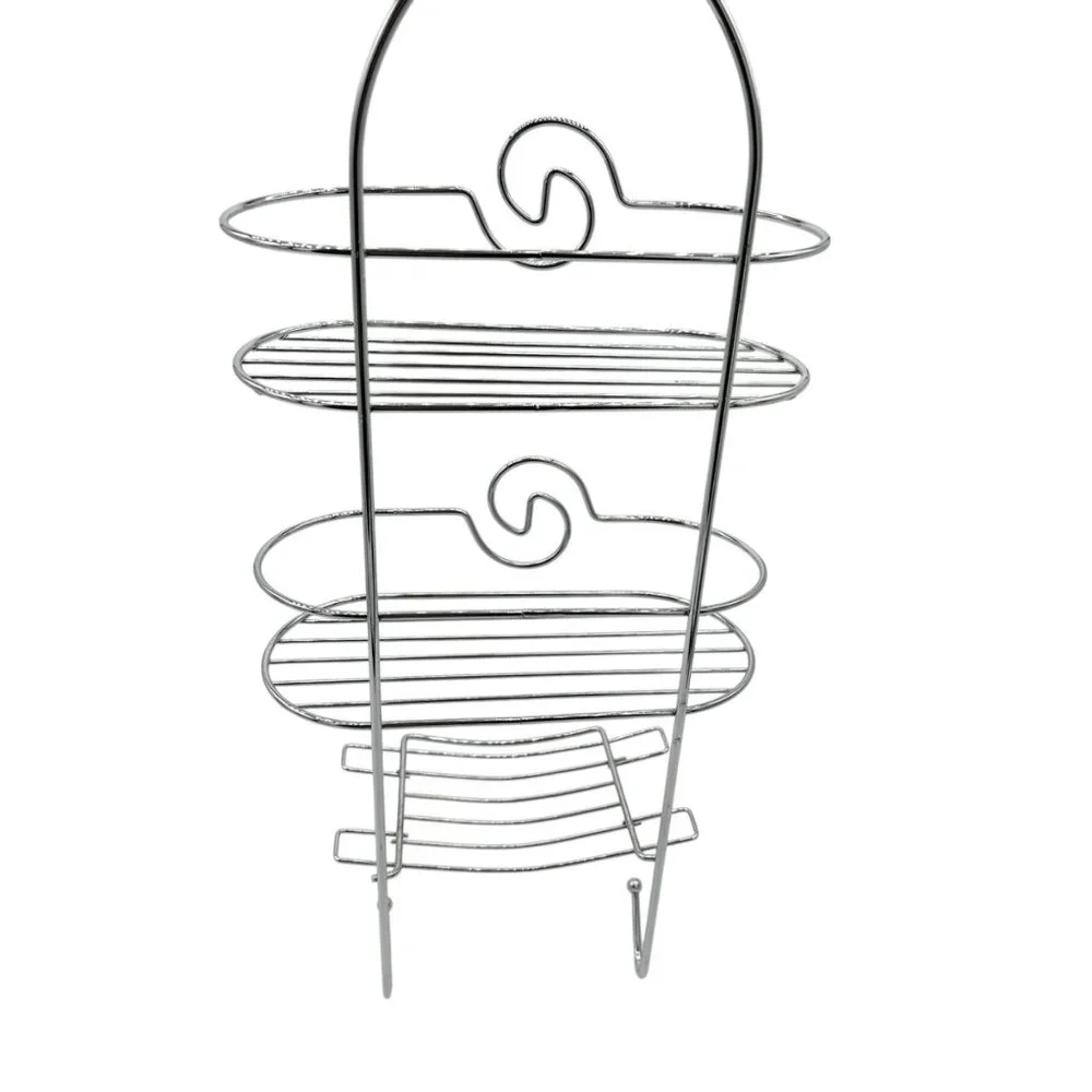 3-Tier Silver Chrome Shower Caddy Hooks & Swirl Design For Bathroom Organization